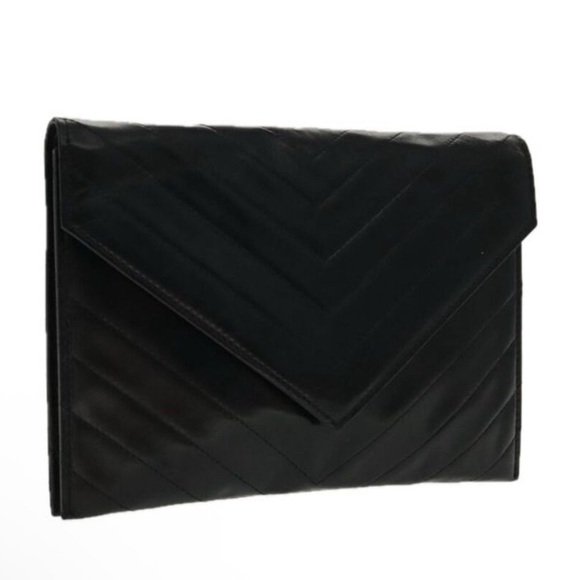 Pre Loved Yves Saint Laurent Chevron Envelope Clutch Leather Women Black Clutch - Picture 2 of 10